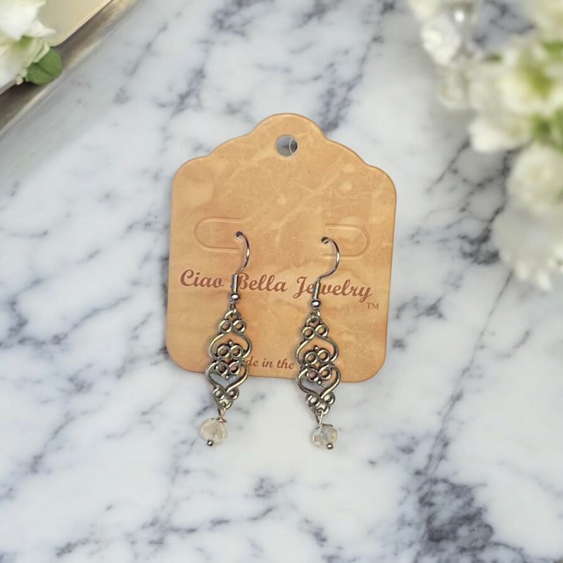 Filigree Dangle Earrings | Gemstone & Crystal Earrings | Stainless Steel | Unique Jewelry