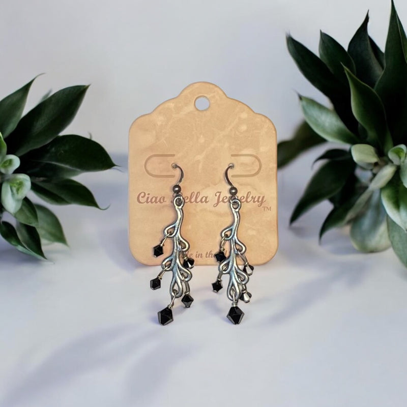 Black Crystal Peacock Filigree Earrings | Sterling Silver Dangles | Art Nouveau Earrings