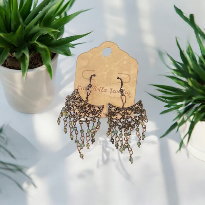 Bohemian Chic: Copper Filigree Chandelier Earrings with African Turquoise