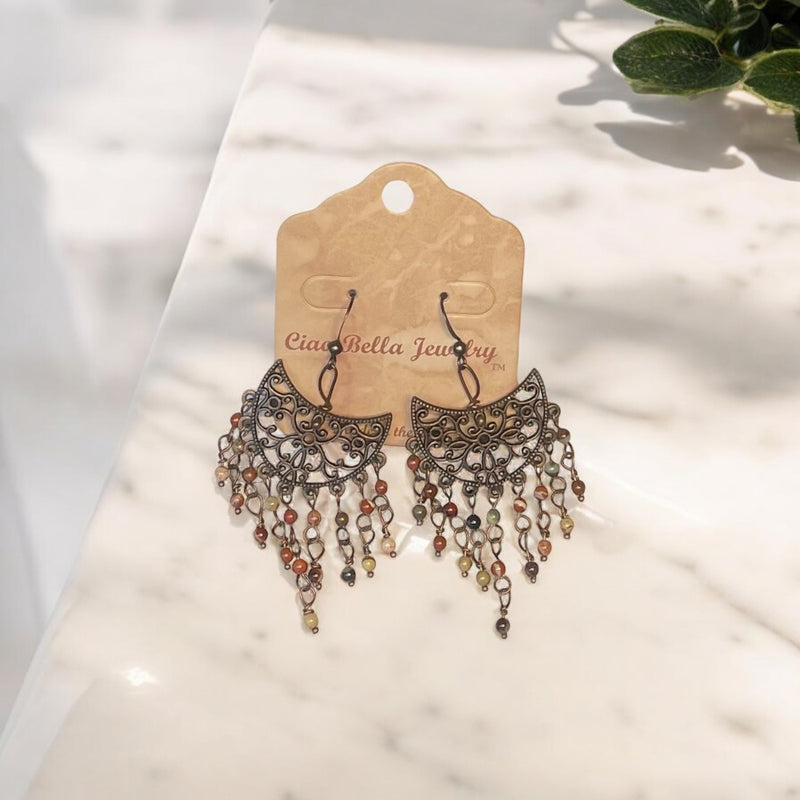 Bohemian Rhapsody: Copper Filigree Chandelier Earrings with Poppy Jasper Mix