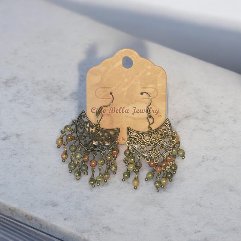 Bohemian Rhapsody: Gold Filigree Chandelier Earrings with Unakite