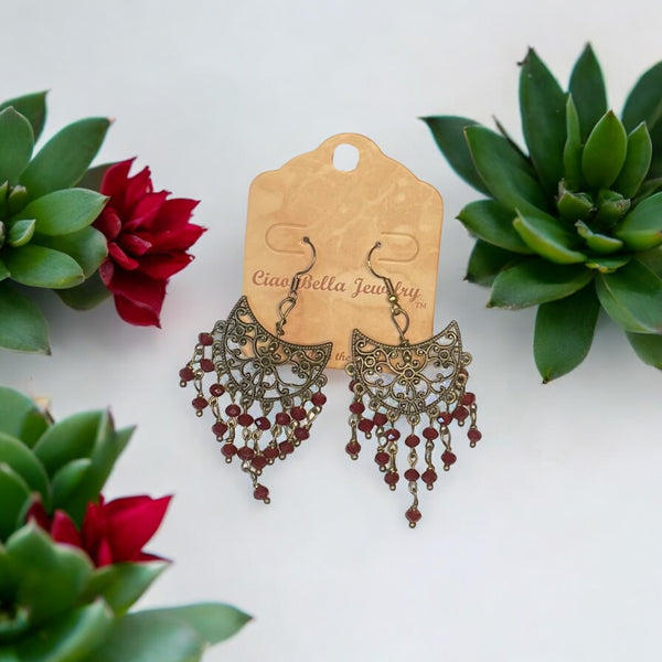 Luxurious Copper Filigree Chandelier Earrings with Dark Red Crystals