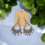 Copper Crescent Chandelier Earrings with Green Crystals: Boho Chic