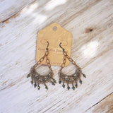 Copper Crescent Chandelier Earrings with Green Crystals: Boho Chic