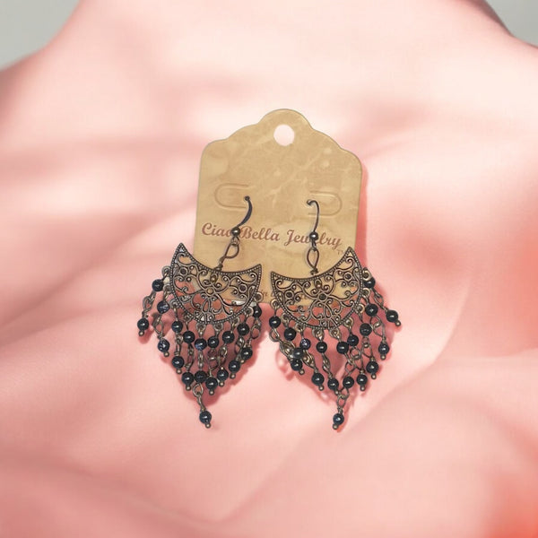 Dramatic Black Onyx Chandelier Earrings with Copper Filigree & Hook