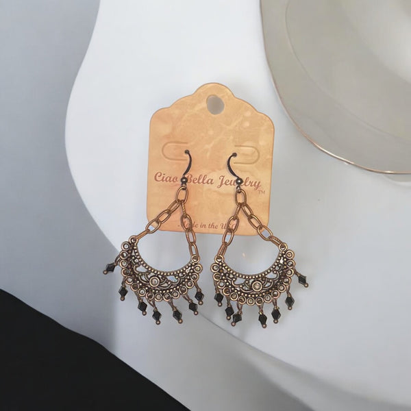 Dramatic Black Crystal Chandelier Crescent Earrings with Copper Hook