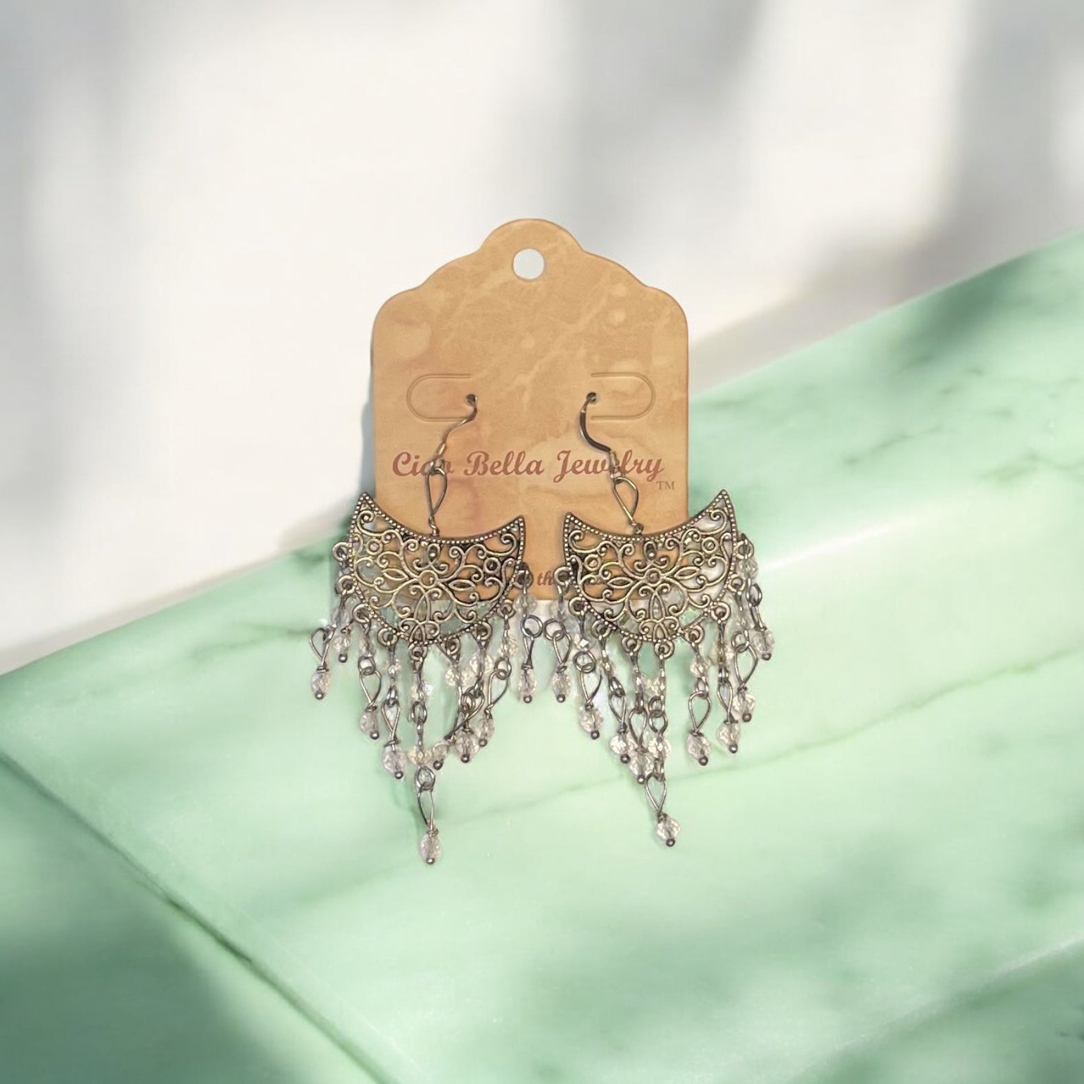 Delicate Sterling Silver Filigree Chandelier Earrings with Sparkling Crystals