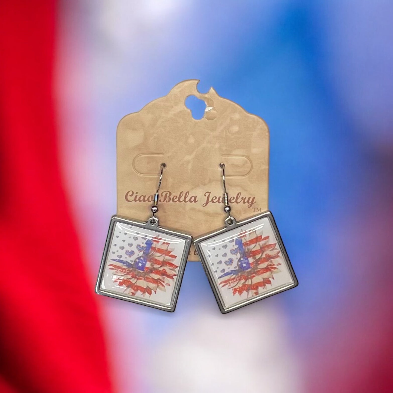 Patriotic Sunflower Earrings | Sterling Silver | Handmade in USA