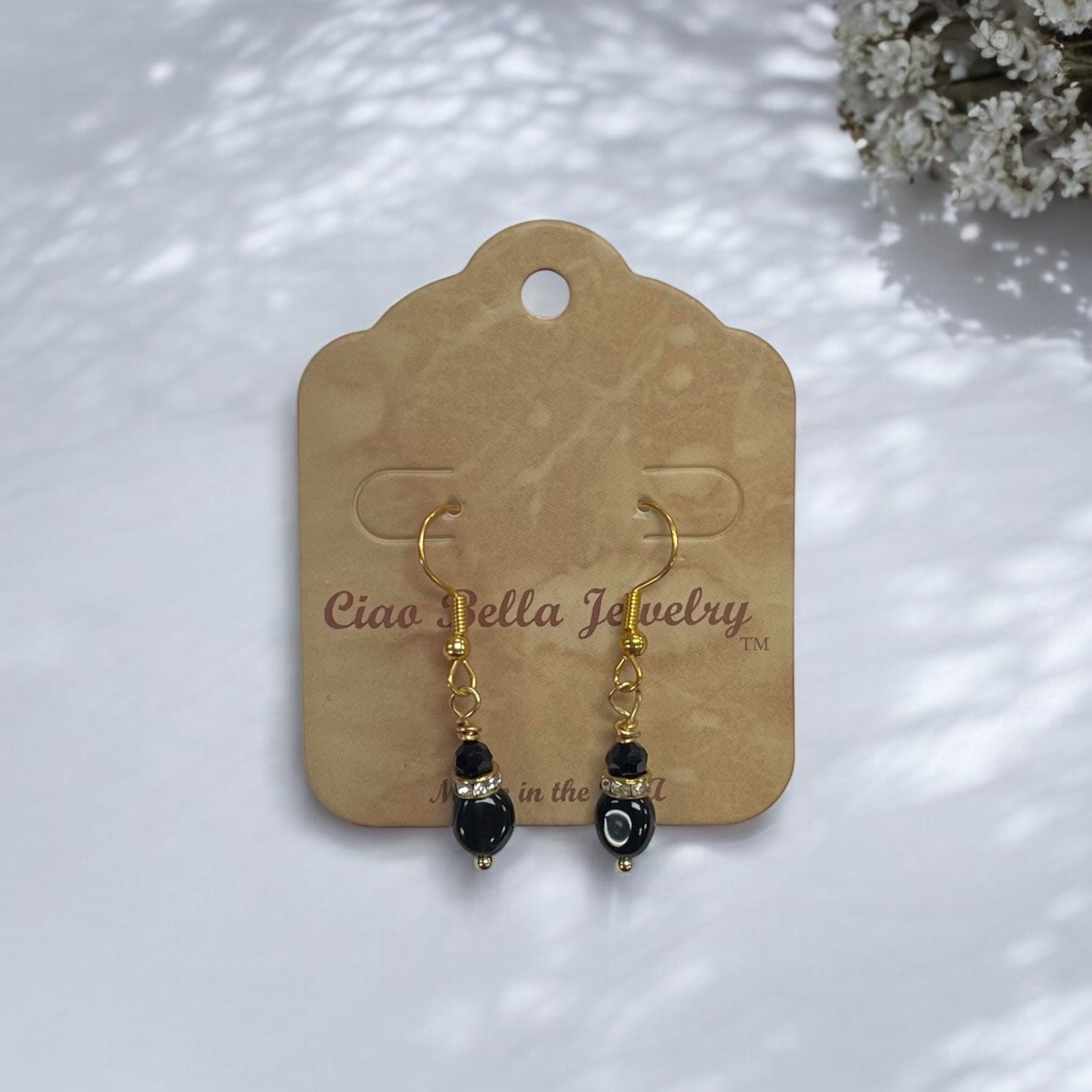 Black Crystal & Black Agate Dangle Earrings | Gold Earrings | Double Stone Earrings