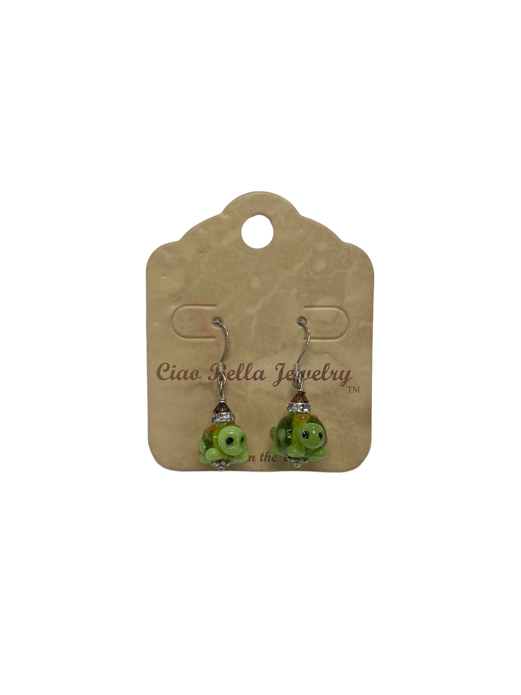 Lampwork Glass Turtle Earrings with Crystal | Unique Handmade Jewelry