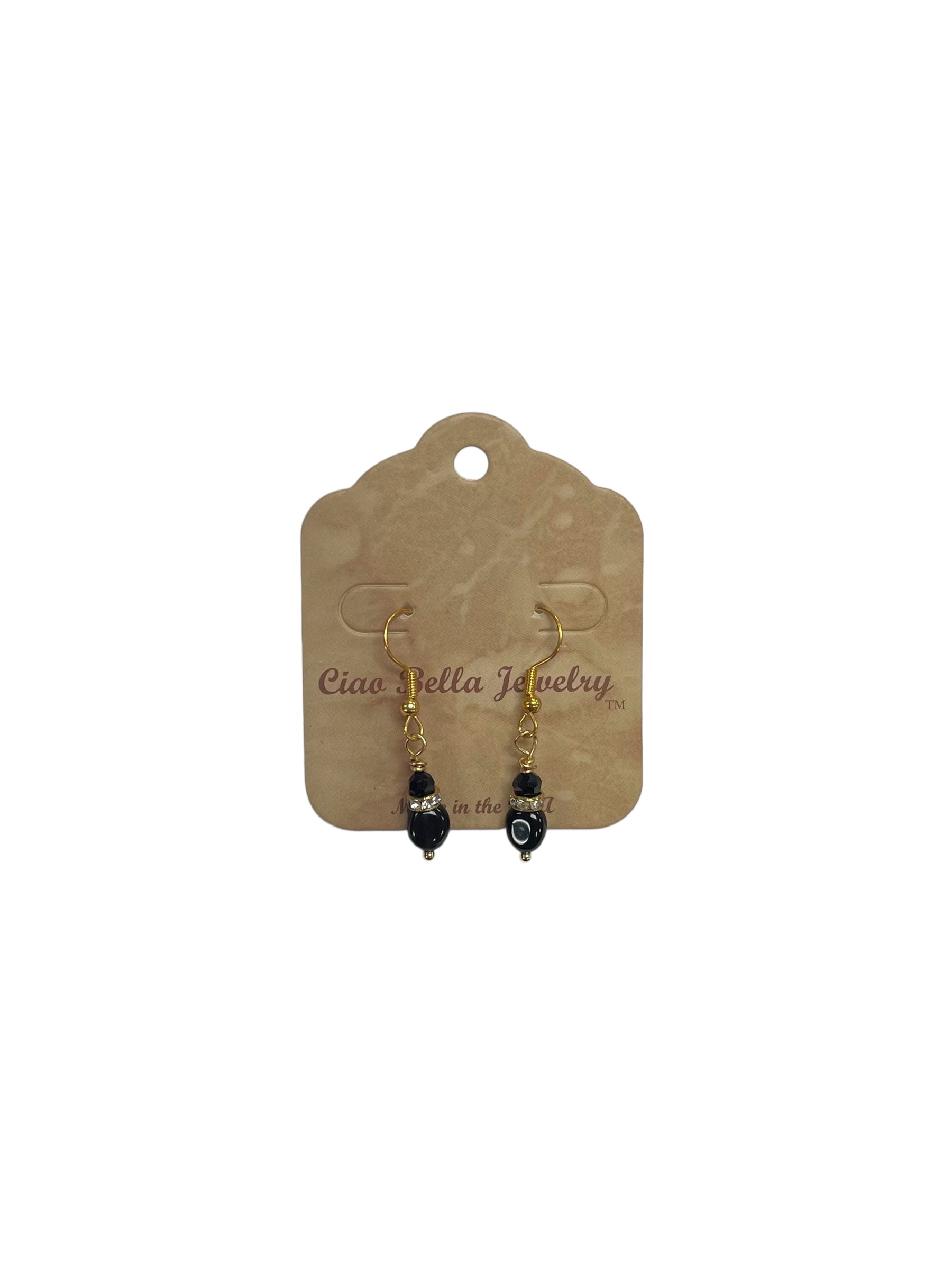 Black Crystal & Black Agate Dangle Earrings | Gold Earrings | Double Stone Earrings