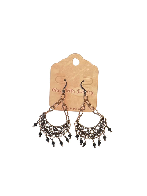 Dramatic Black Crystal Chandelier Crescent Earrings with Copper Hook