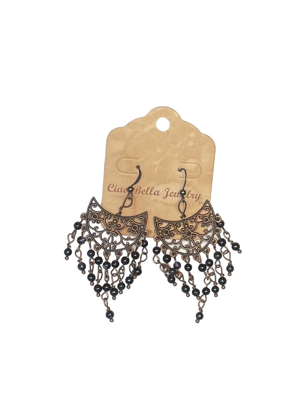 Dramatic Black Onyx Chandelier Earrings with Copper Filigree & Hook