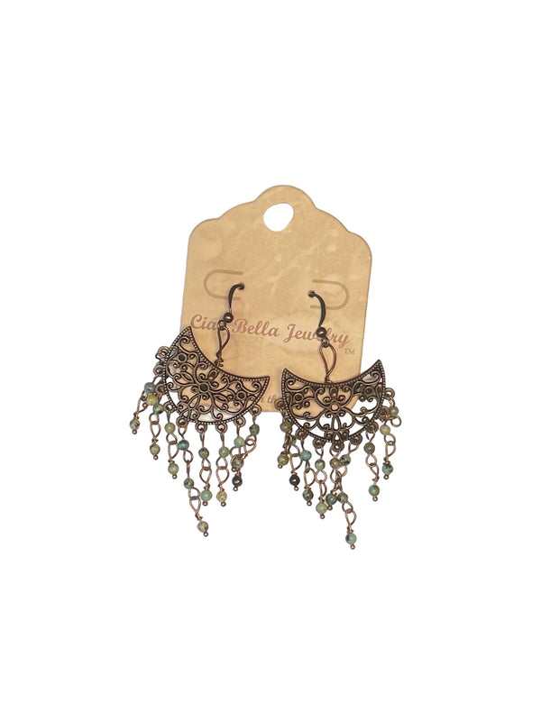 Bohemian Chic: Copper Filigree Chandelier Earrings with African Turquoise