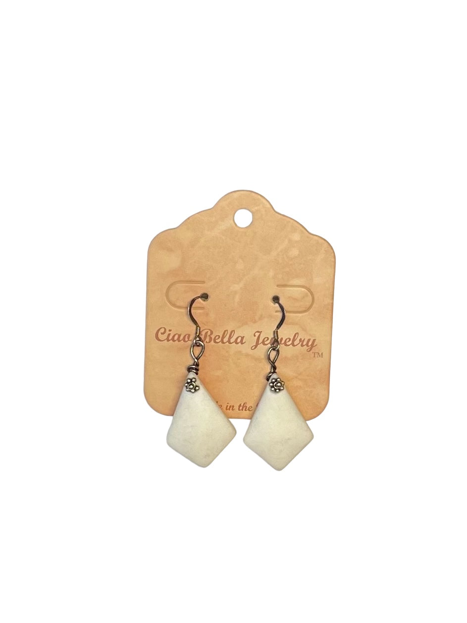 Ocean-Inspired White Diamond Sea Glass Earrings with Silver Flower