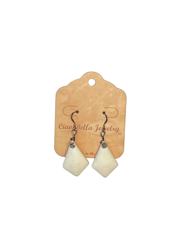 Ocean-Inspired White Diamond Sea Glass Earrings with Silver Flower