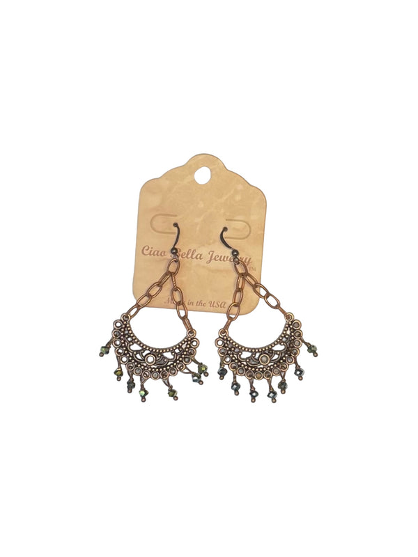 Copper Crescent Chandelier Earrings with Green Crystals: Boho Chic