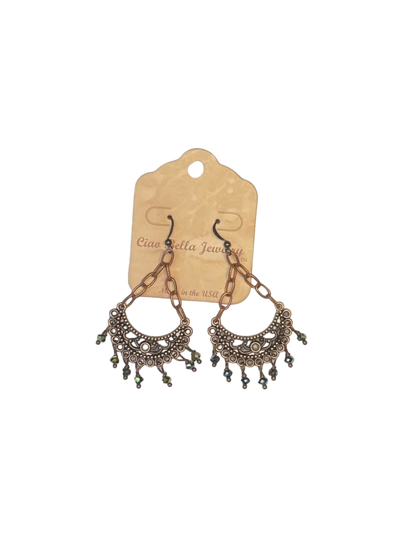 Copper Crescent Chandelier Earrings with Green Crystals: Boho Chic