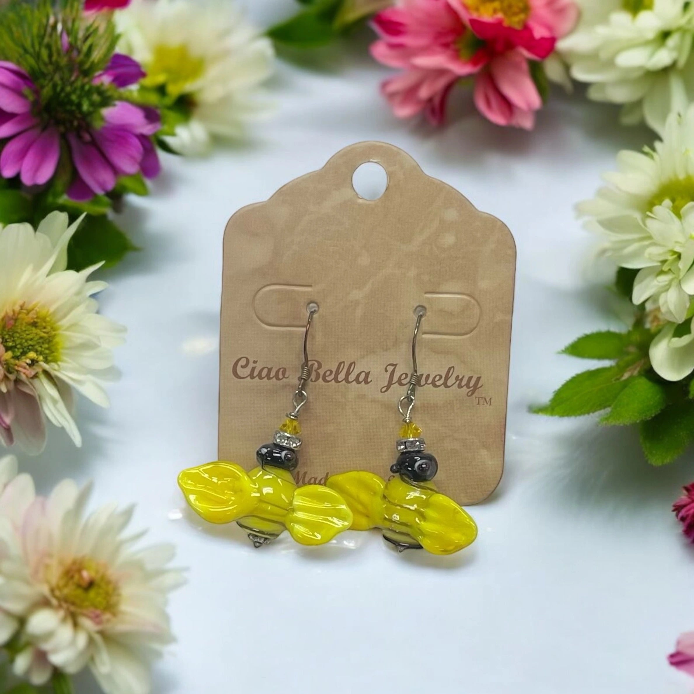 Yellow Glass Bumblebee Dangle Earrings | Whimsical & Playful Jewelry