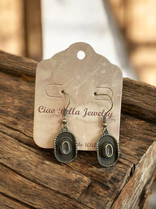 Antique Gold Cowboy Hat Charm Earrings - Western Chic Jewelry