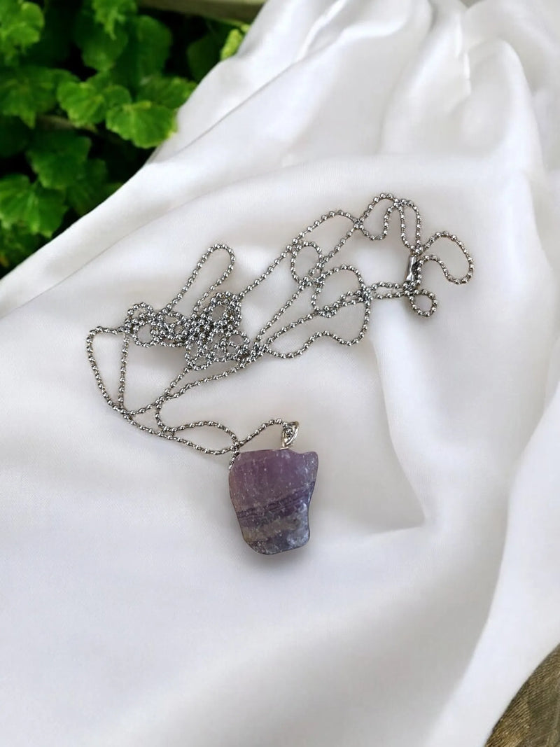 Fluorite Rock Pendant Necklace- Silver Ball Chain