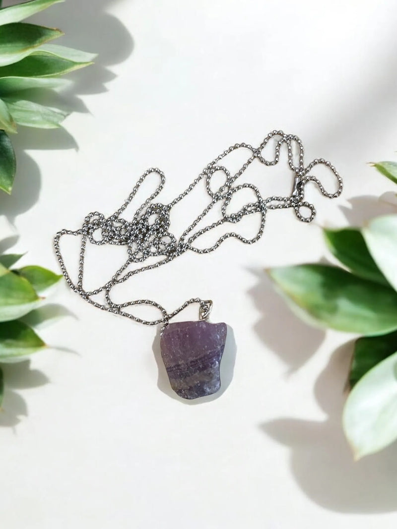 Fluorite Rock Pendant Necklace- Silver Ball Chain