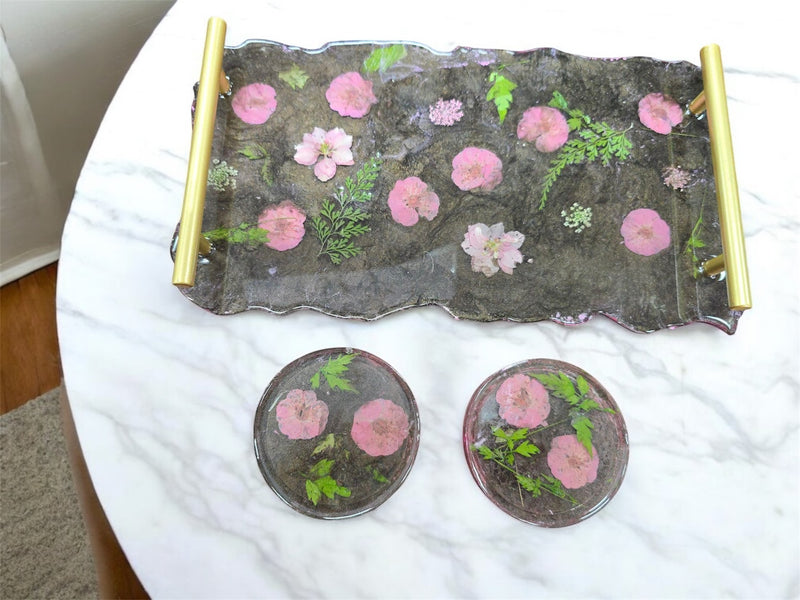Victorian Floral Resin Tray and Coaster Set