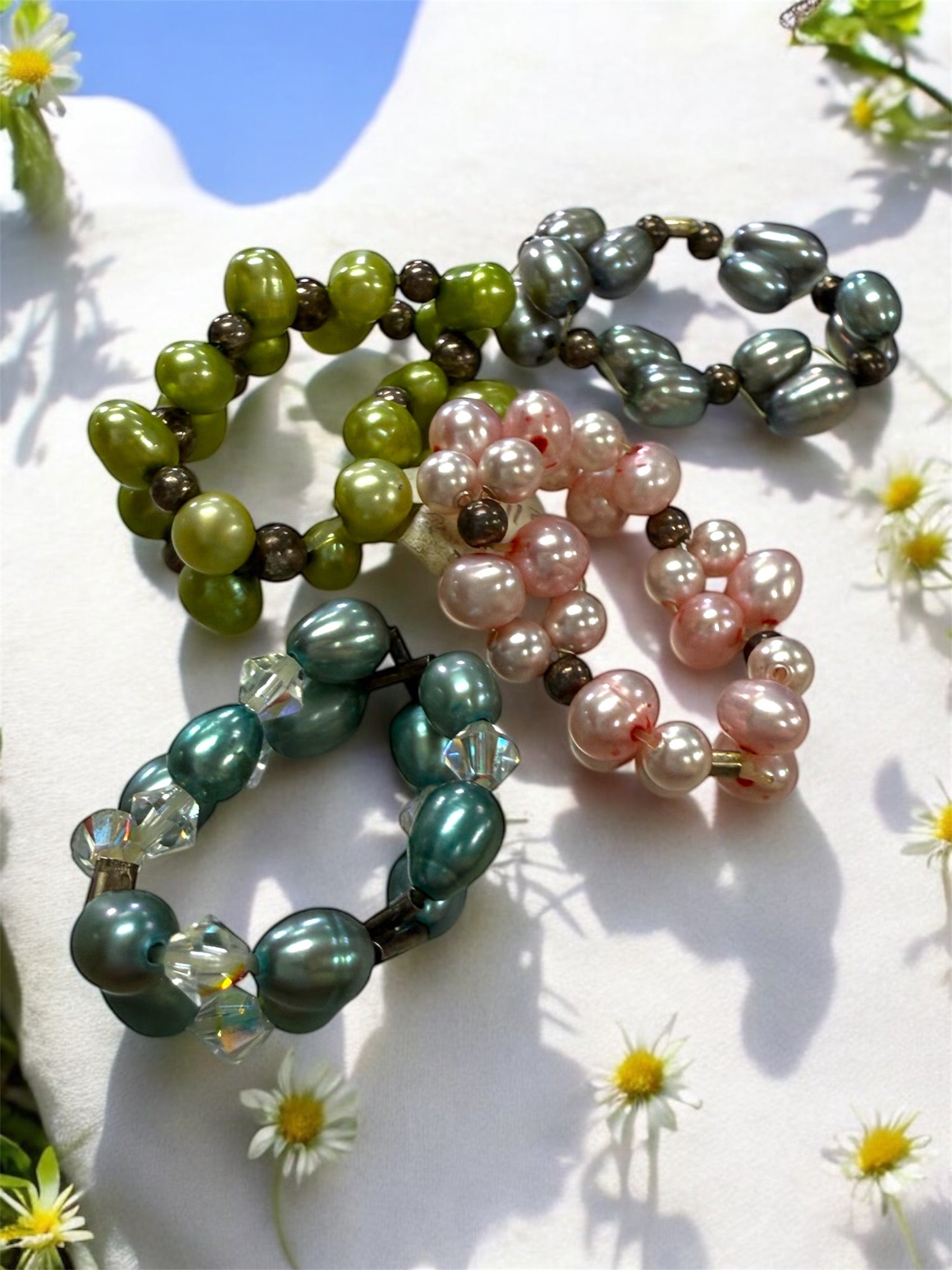 Luminous Pearl Stretch Rings with Sterling Silver Accents