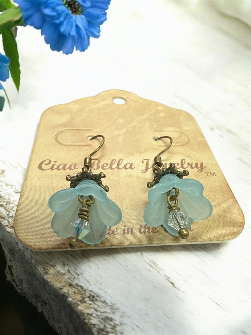Delicate Lucite Flower Single Dangle Earrings with Austrian Crystal | Handmade | Assorted Colors