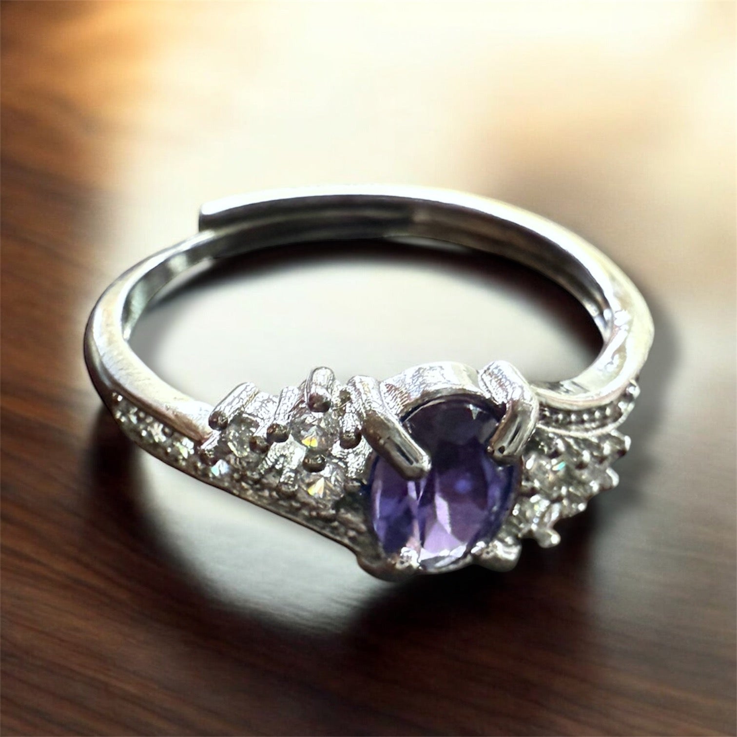 One-of-a-Kind Amethyst-Hued Crystal Silver Ring - Adjustable & Intricate Design