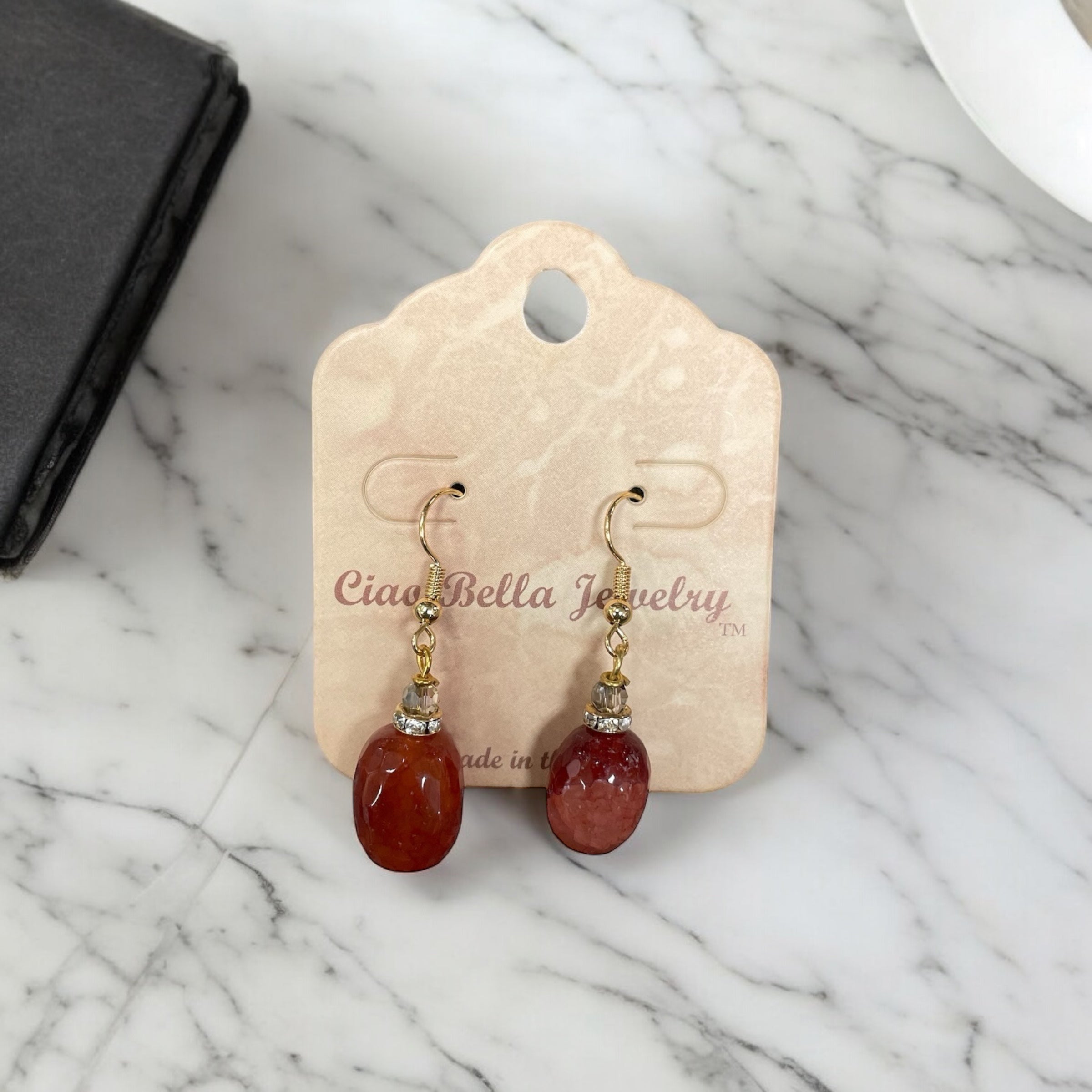 Mesmerizing Deep Red Agate Oval Dangle Earrings: Gold & Crystals