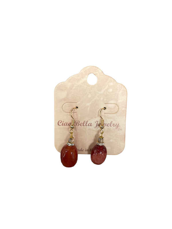 Mesmerizing Deep Red Agate Oval Dangle Earrings: Gold & Crystals