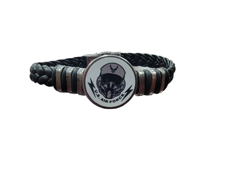 Officially Licensed USAF Braided Leather Bracelet, Patriotic Design, Durable Genuine Black Leather, Multiple Patterns and Sizes Available (Gift Boxed)