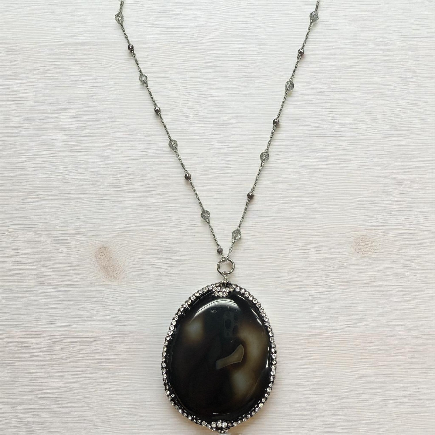 Michelle Marie's Midnight Majesty Long black Agate Pendant Necklace with Brass Silver Crystal Chain