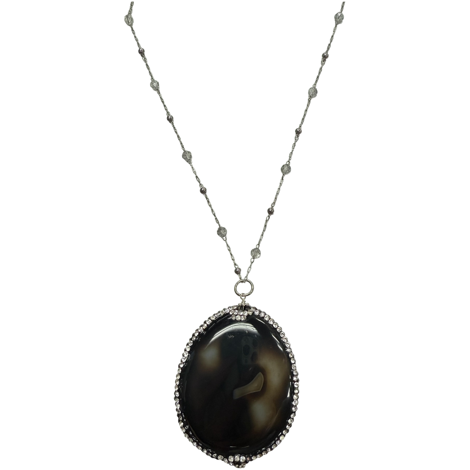 Michelle Marie's Midnight Majesty Long black Agate Pendant Necklace with Brass Silver Crystal Chain