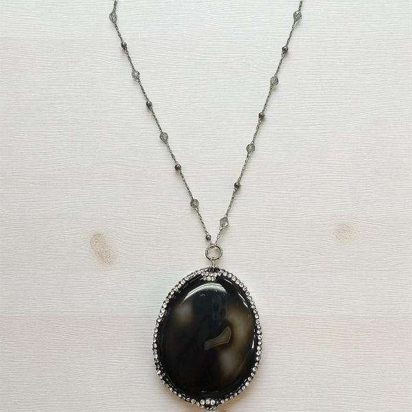 Midnight Majesty Long Agate Pendant Necklace with Crystal Chain
