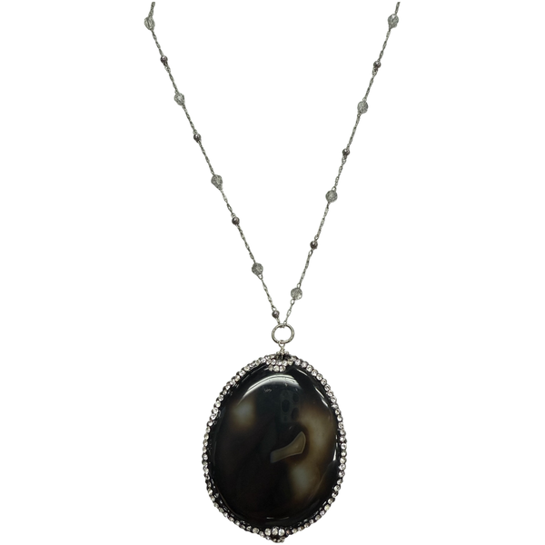 Midnight Majesty Long Agate Pendant Necklace with Crystal Chain