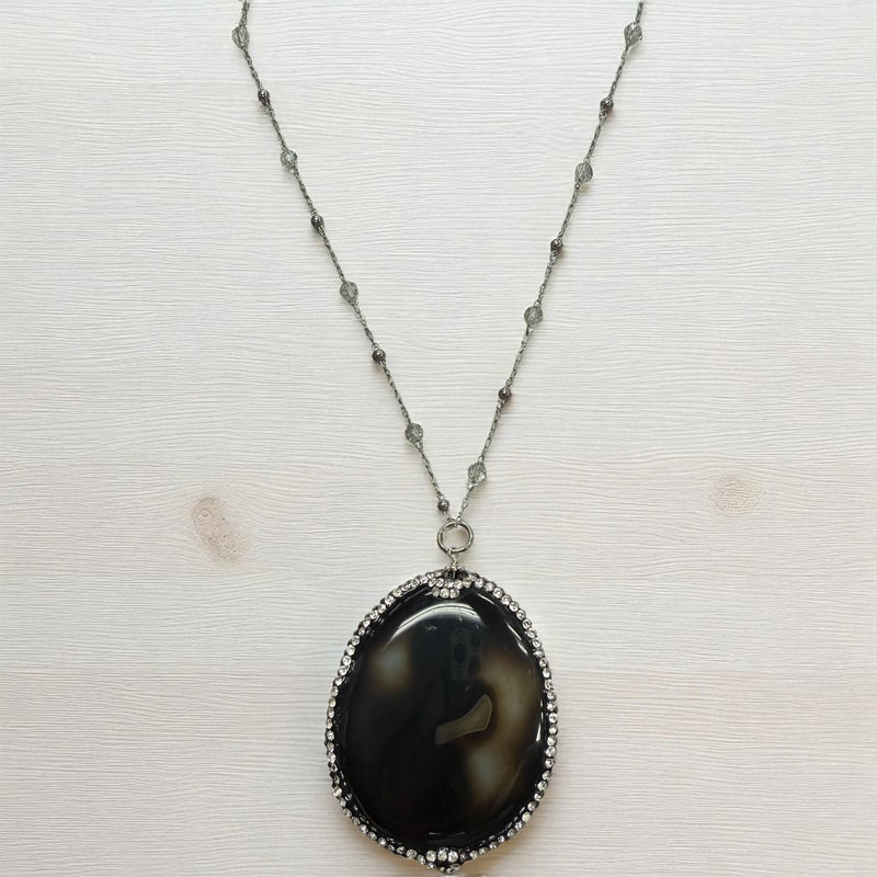 Midnight Majesty Long Agate Pendant Necklace with Crystal Chain