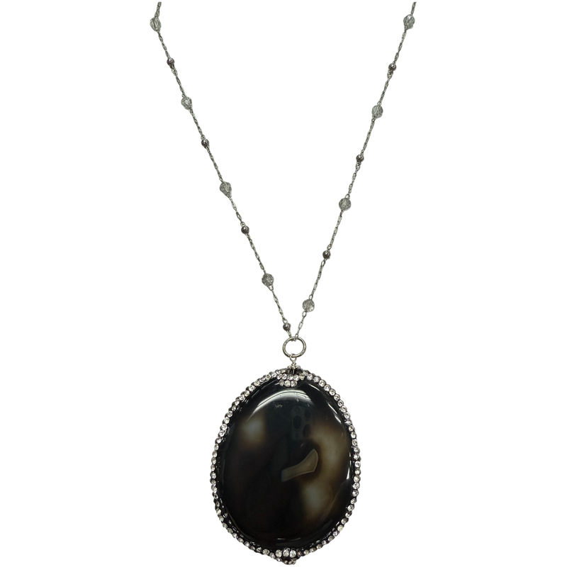 Midnight Majesty Long Agate Pendant Necklace with Crystal Chain