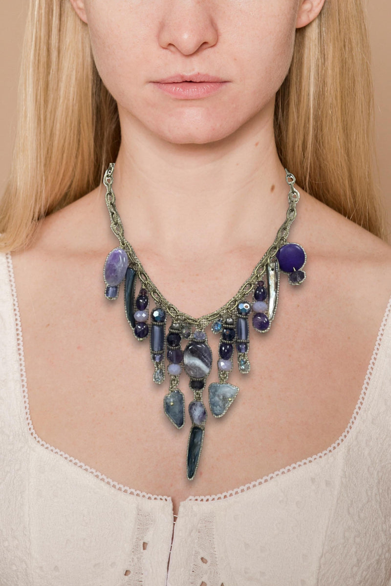 Gemstone Cluster Bib Necklace - Antique Gold - Tiger Eye, Turquoise Amazonite, Amethyst, Blue Agate, and Apatite