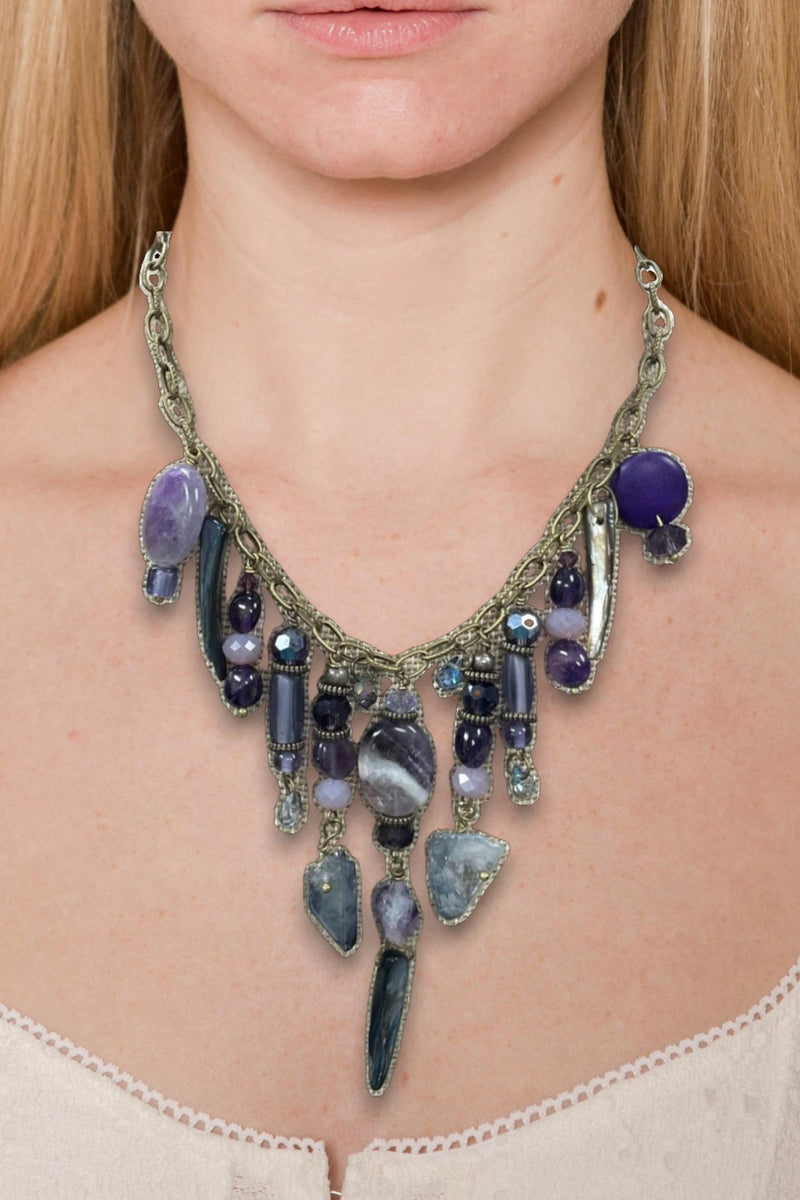 Gemstone Cluster Bib Necklace - Tiger Eye, Turquoise Amazonite, Amethyst, Blue Agate, Apatite, and Sodalite