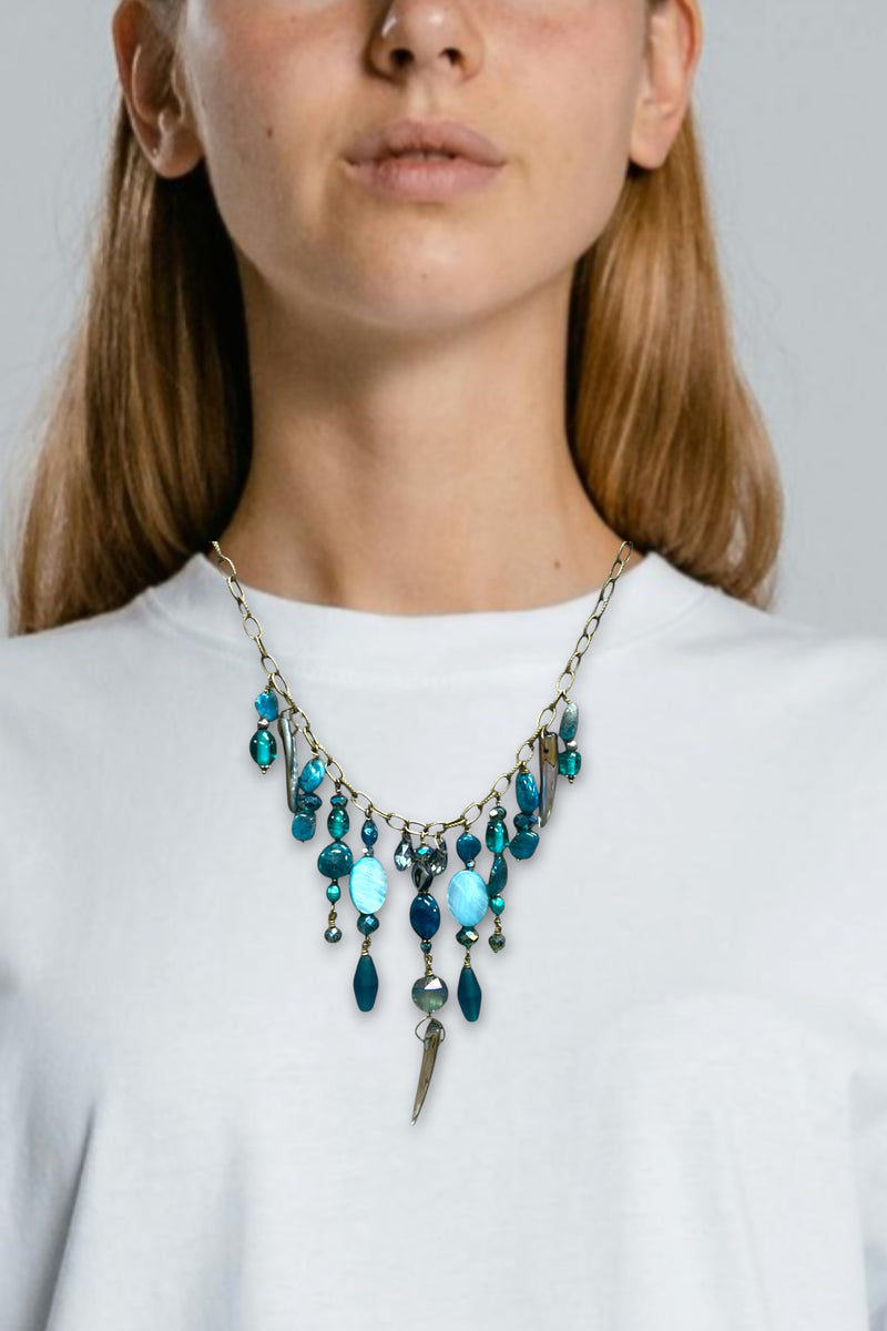 Gemstone Cluster Bib Necklace - Antique Gold - Tiger Eye, Turquoise Amazonite, Amethyst, Blue Agate, and Apatite