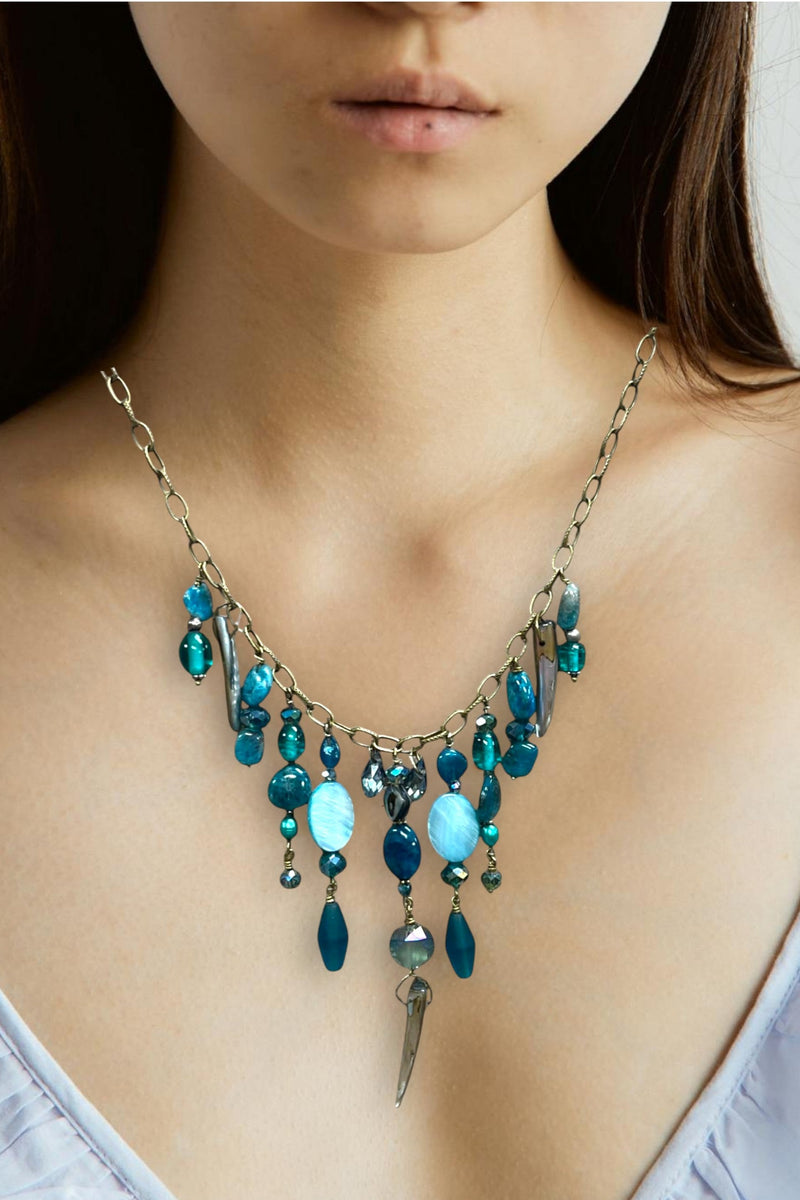 Gemstone Cluster Bib Necklace - Tiger Eye, Turquoise Amazonite, Amethyst, Blue Agate, Apatite, and Sodalite
