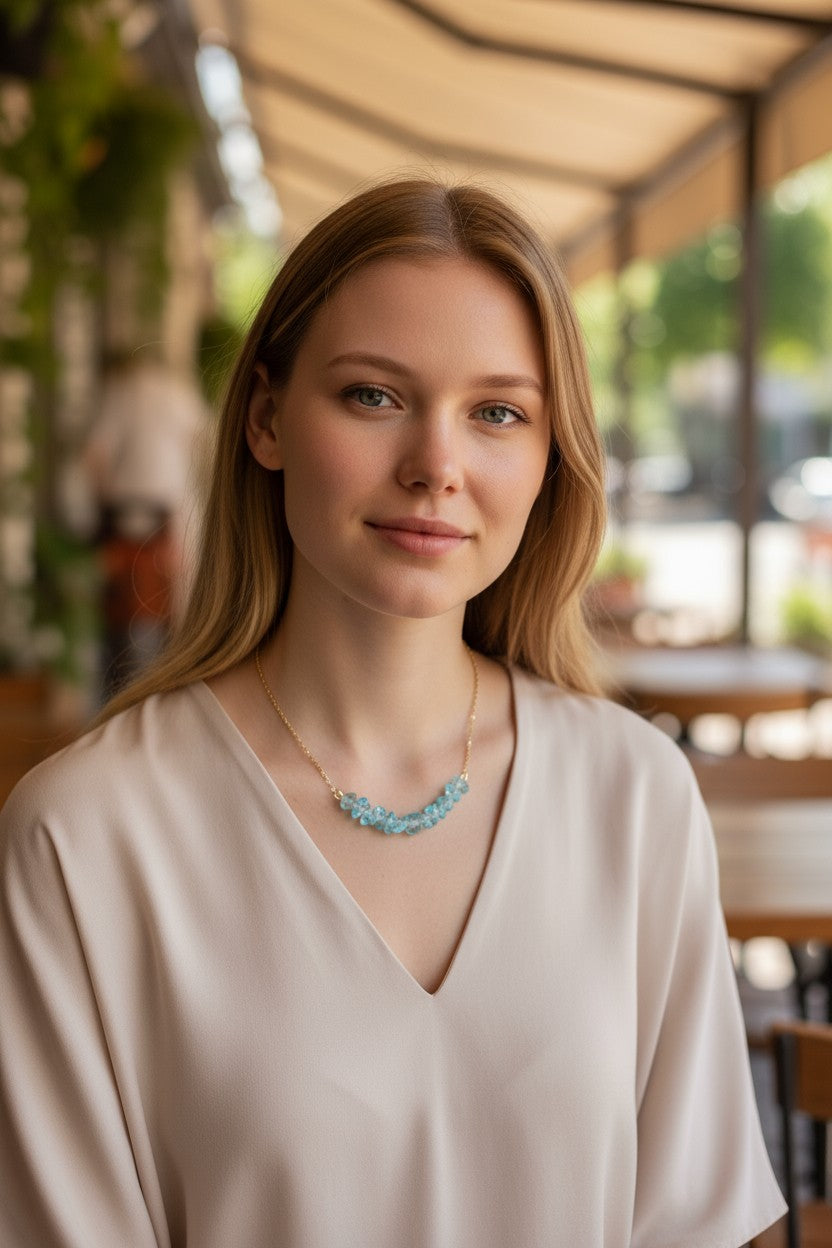 Aquamarine Gemstone  Gold Gemstone Bar Necklace | March Birthstone