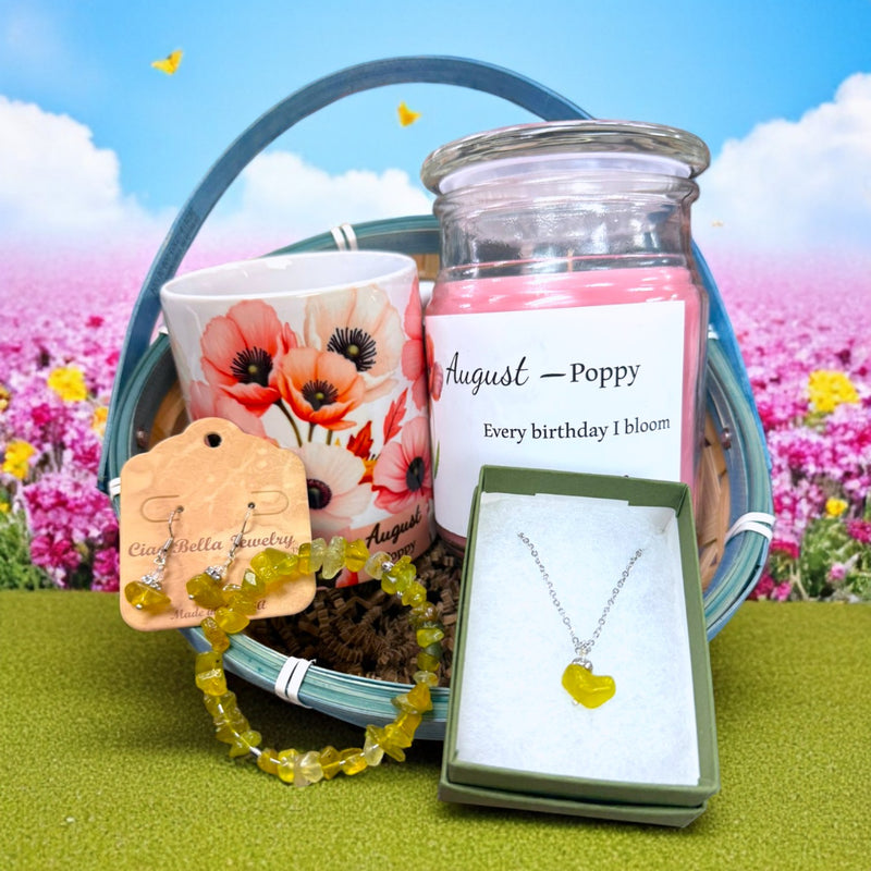 August Birthday Gift Box, Candle, Peridot Jewelry, Cosmos Mug, Women's Gift