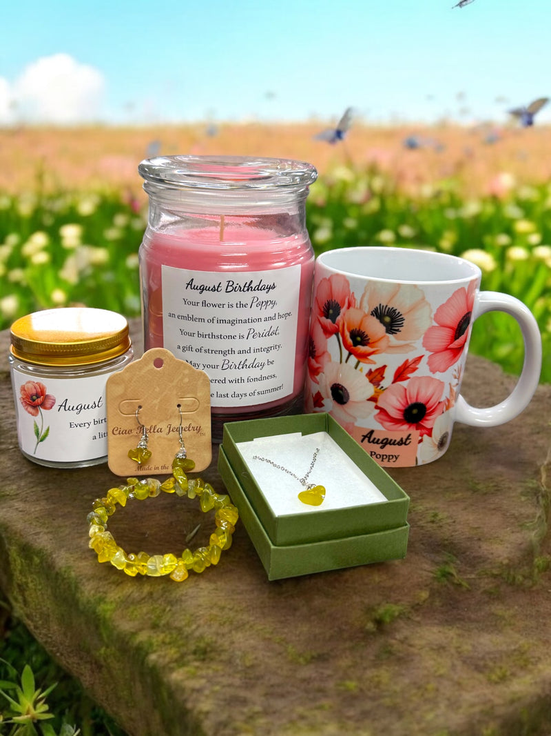 August Birthday Gift Box, Candle, Peridot Jewelry, Cosmos Mug, Women's Gift