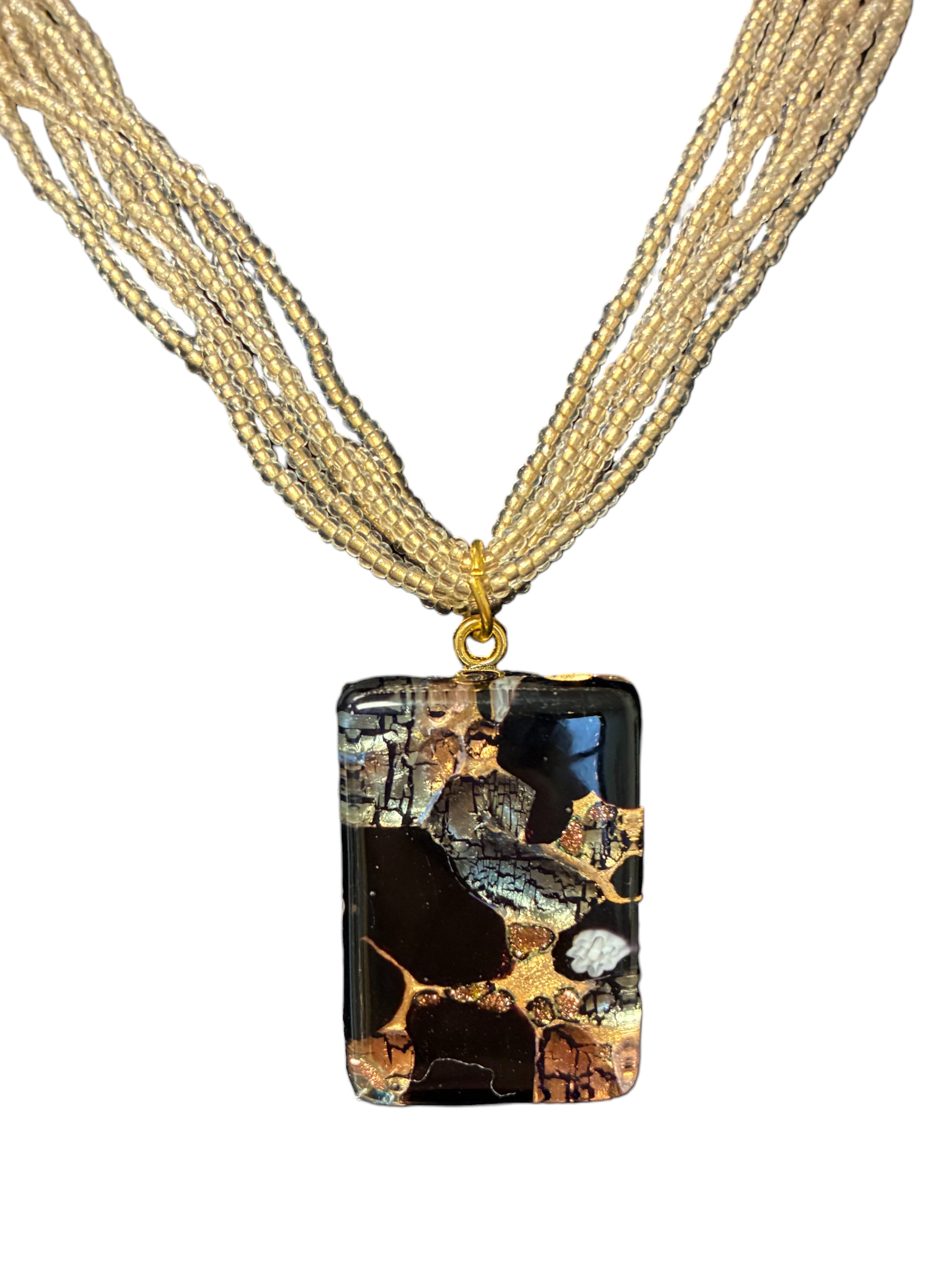 Stunning Gold and Black Murano Glass Rectangle Pendant with Yellow Multi-Strand Beads