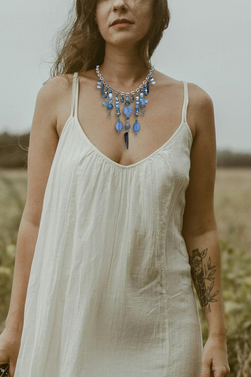 Gemstone Cluster Bib Necklace - Tiger Eye, Turquoise Amazonite, Amethyst, Blue Agate, Apatite, and Sodalite
