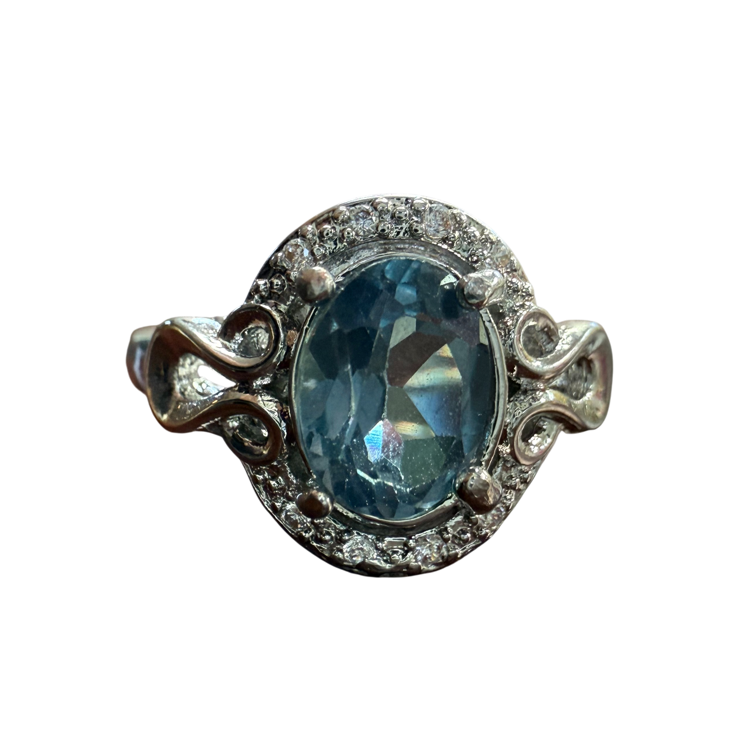 One-of-a-Kind Oval Blue Zircon Crystal Silver Ring with Intricate Halo Design (Adjustable)
