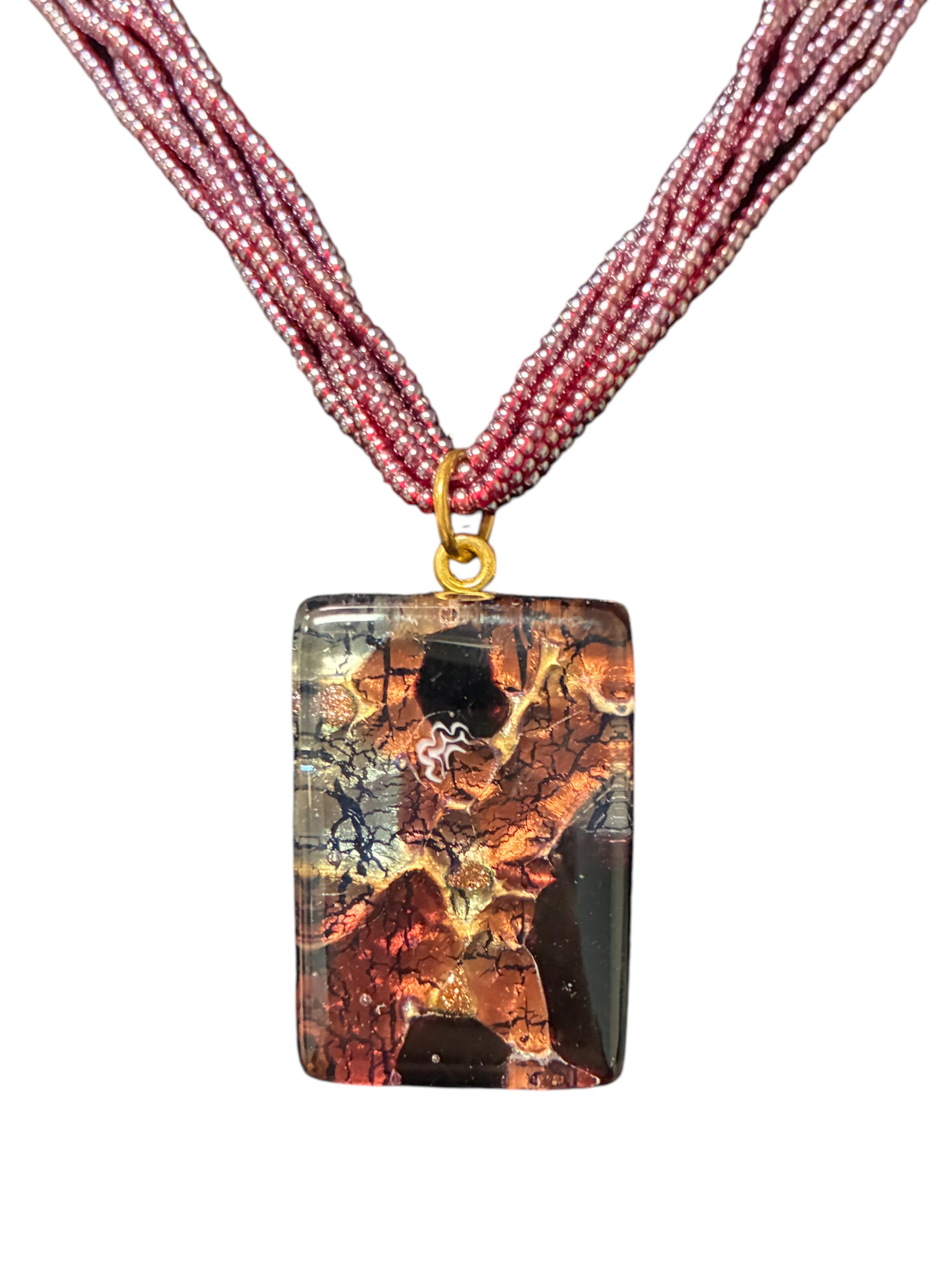 Elegant Amber and Black Murano Glass Rectangle Pendant with Pink Multi-Strand Beads